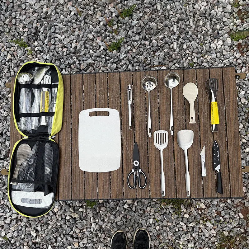 Stainless steel picnic kitchenware set with storage bag in brown colour