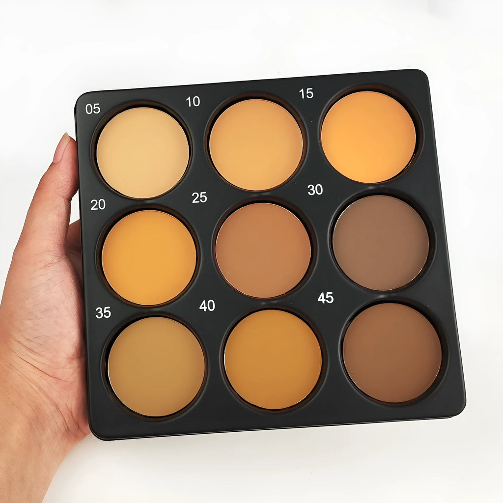 Dark matte makeup palette with 9 waterproof shades and a repair disk.