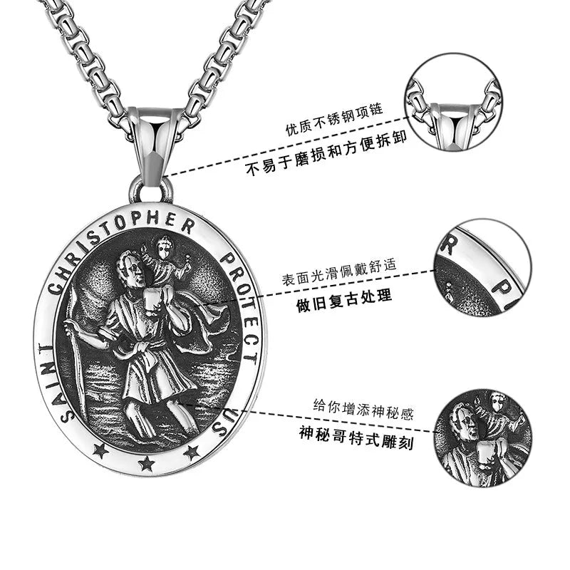St Christopher titanium steel pendant necklace with 60cm steel colour chain, geometric unisex design