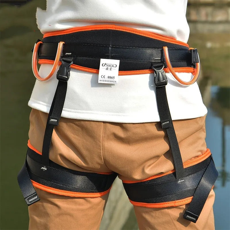 Outdoor mountaineering half seat belt in orange with adjustable waist and leg straps