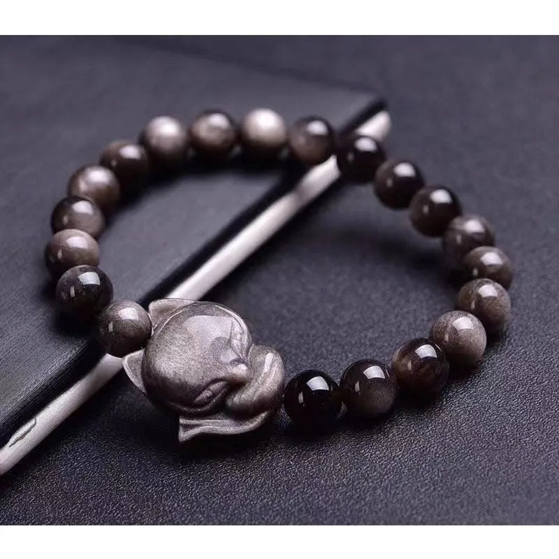 Obsidian Fox single ring bracelet with 8mm polished obsidian beads and fox charm