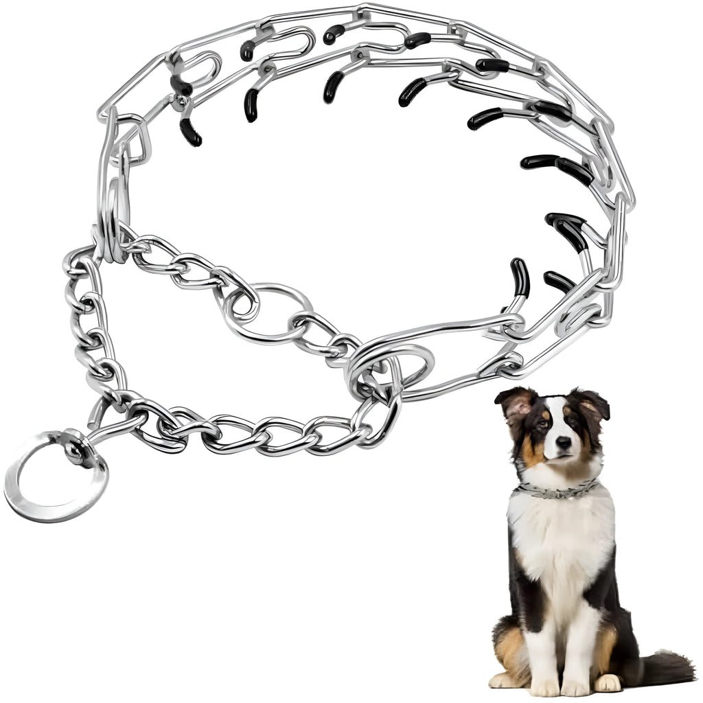 Stainless steel dog prong collar with rubber tips and adjustable chains on a grey background.