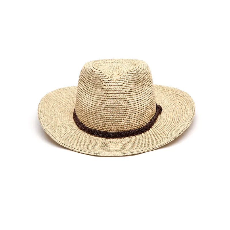 Men's foldable straw sun hat with wide brim in beige colour for summer outdoor use