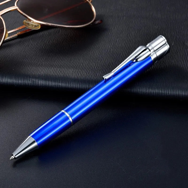Slim metal windproof jet lighter pen in assorted colours showing refillable butane port and ignition button.