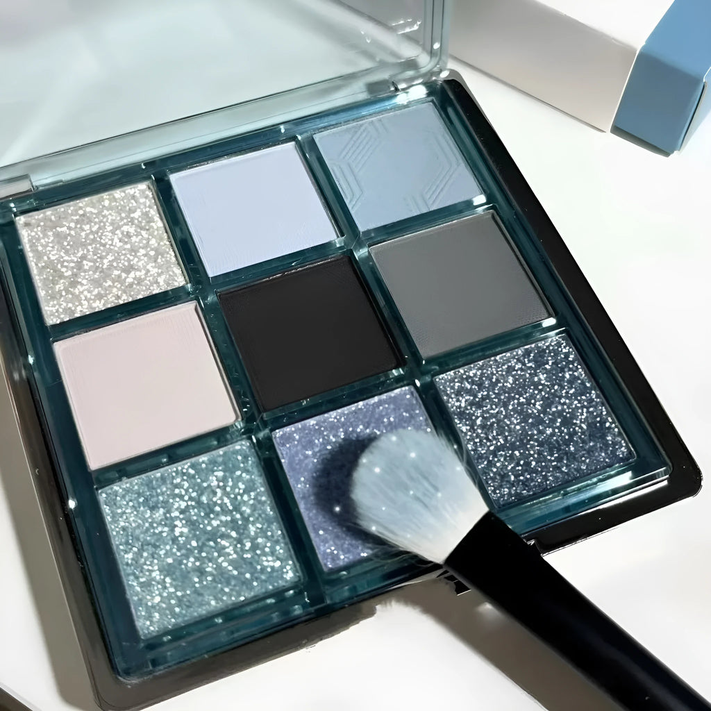 MUGELEEN nine-colour eye shadow palette 08 showing blue smoked matte shimmer shades