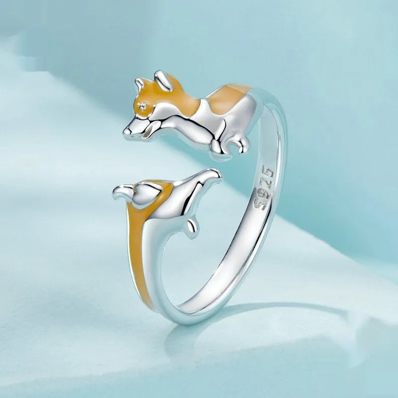 Sterling silver corgi cartoon ring with electroplated SCR1014-E colour for women