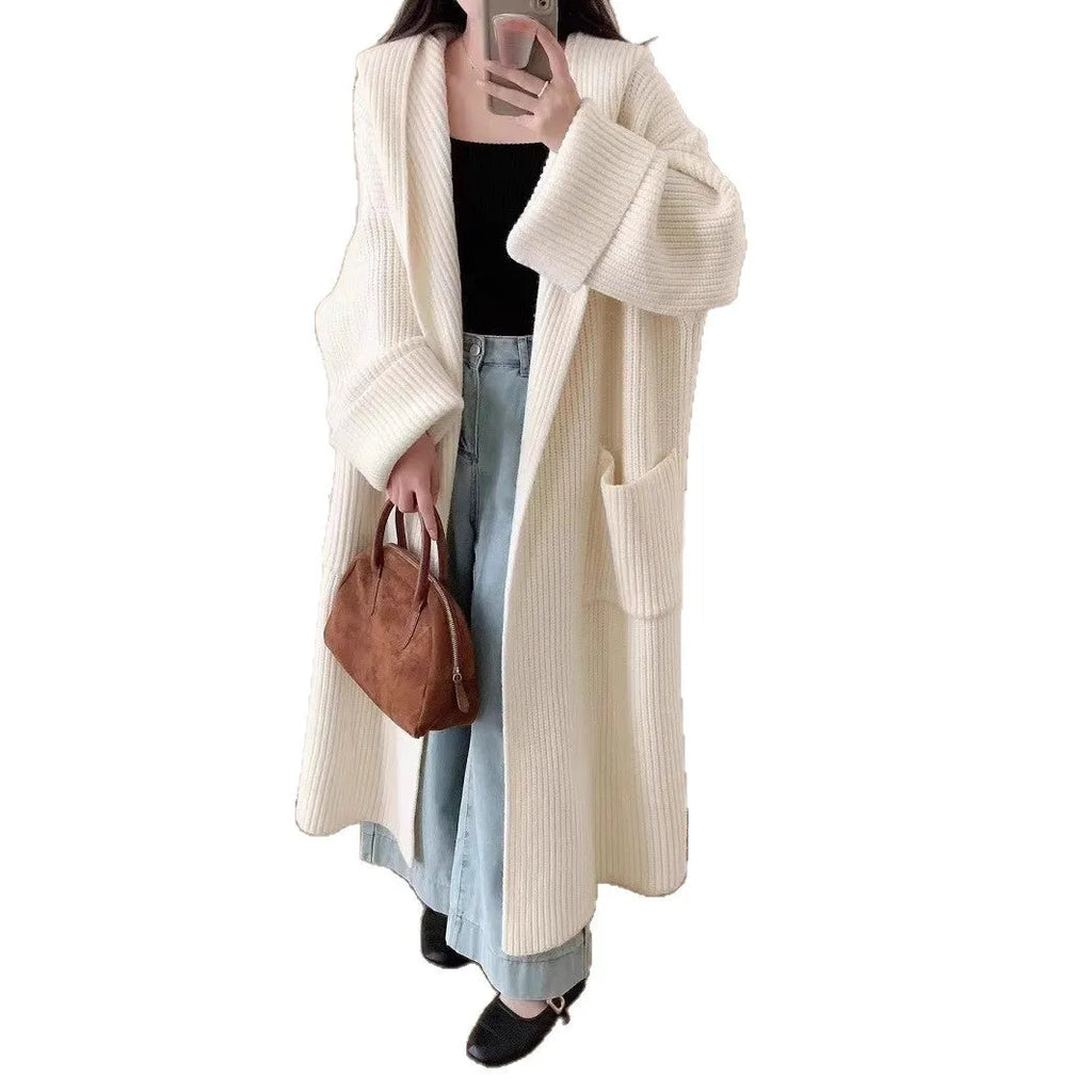 Women's loose hooded cardigan coat in acrylic fibre with 80cm length and raglan sleeves