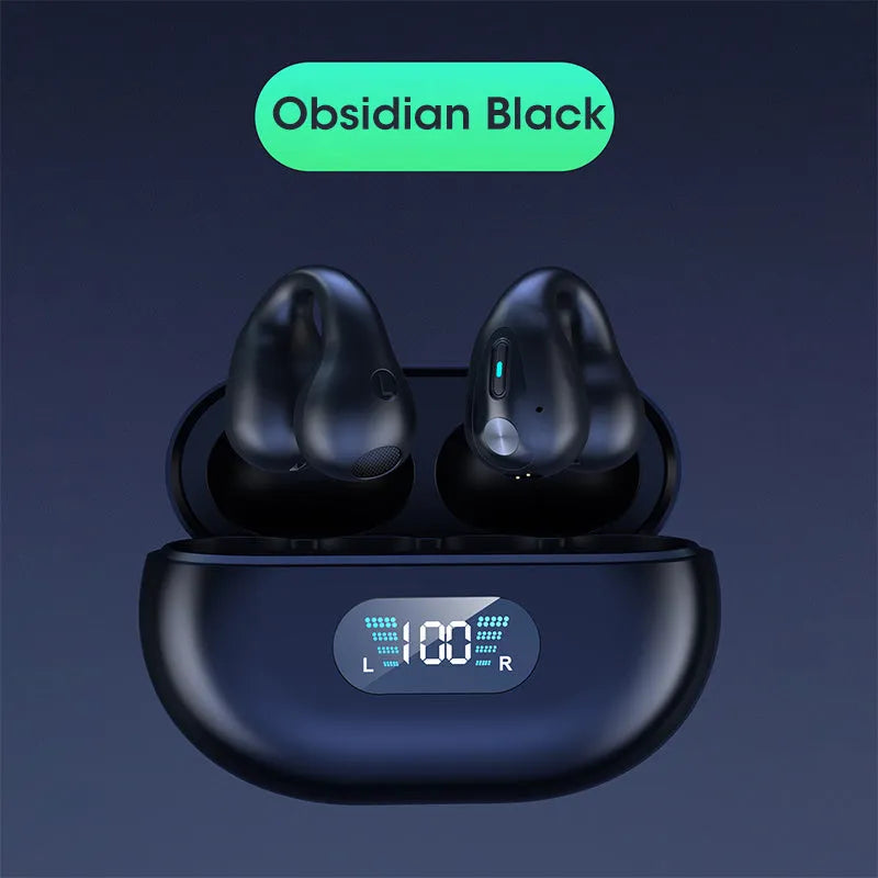 Clip-on bone conduction Bluetooth wireless headset in black, white, and khaki colour options.