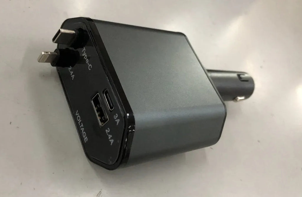 Retractable 4-port car charger for cigarette lighter sockets with QC3.0 fast charging
