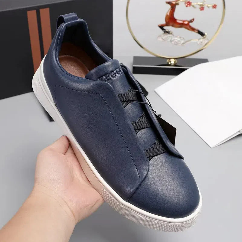 Men's genuine leather cross-strap casual shoes flat heel round toe front lace-up cowhide upper rubber outsole