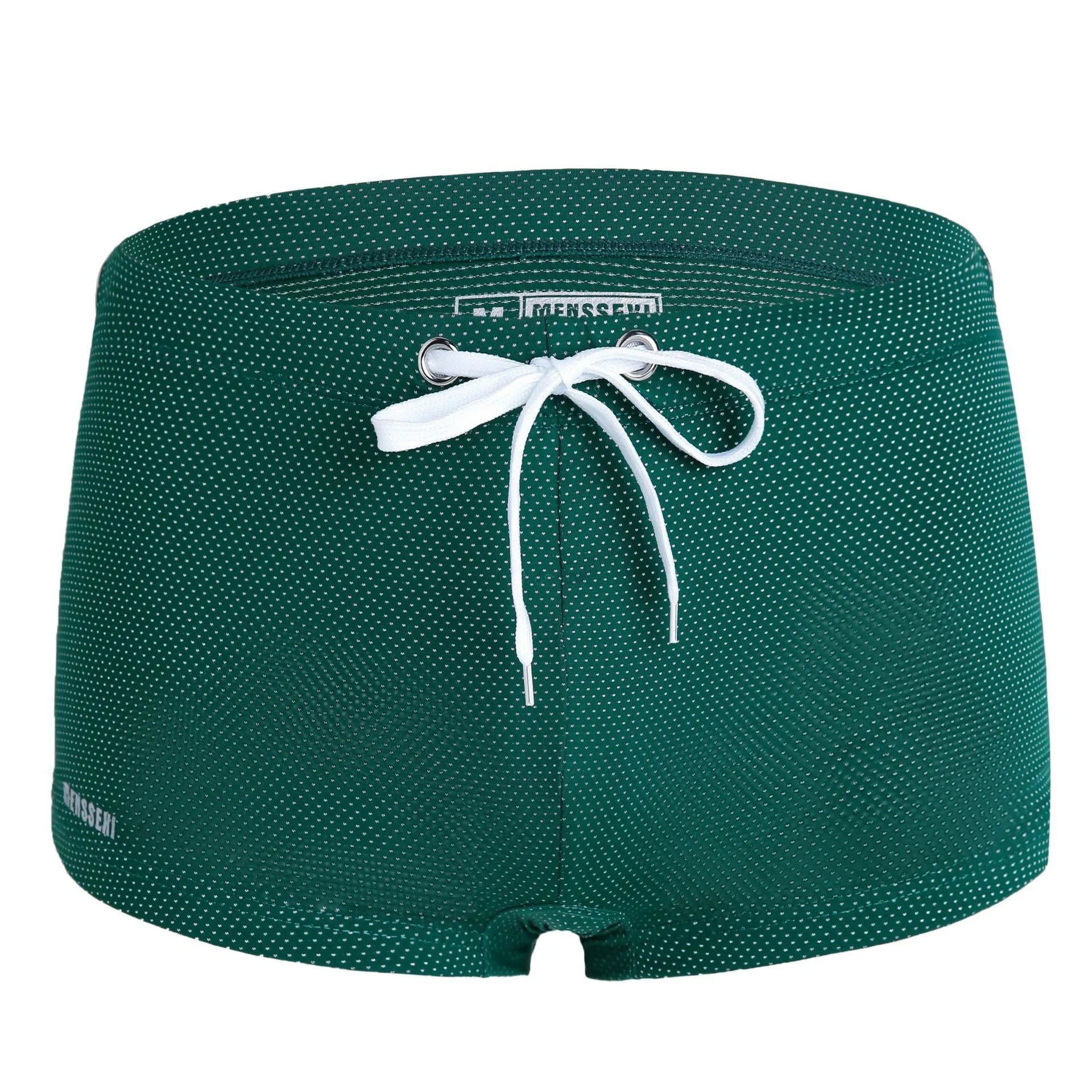Men's solid colour lace nylon low waist boxer swimming trunks on a white background.