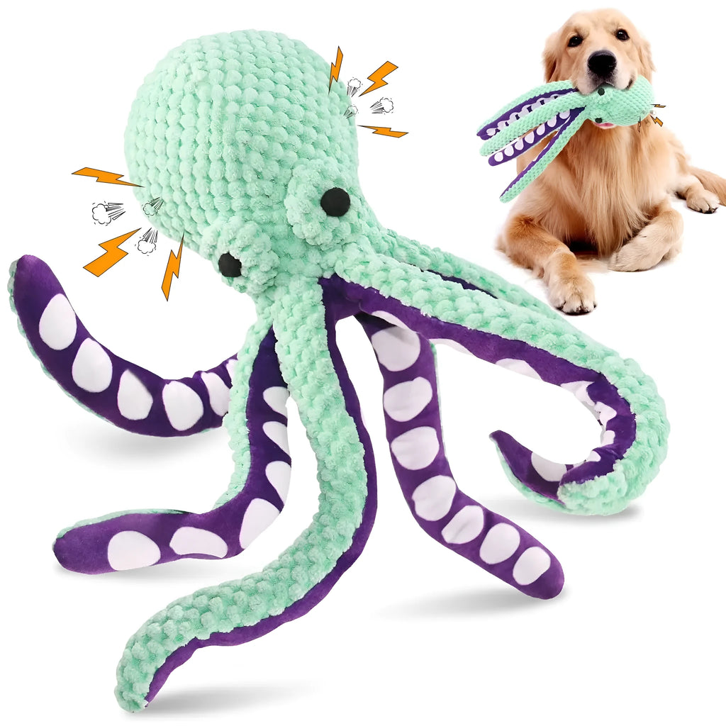 Blue octopus plush dog chew toy with six legs and squeaker for interactive play