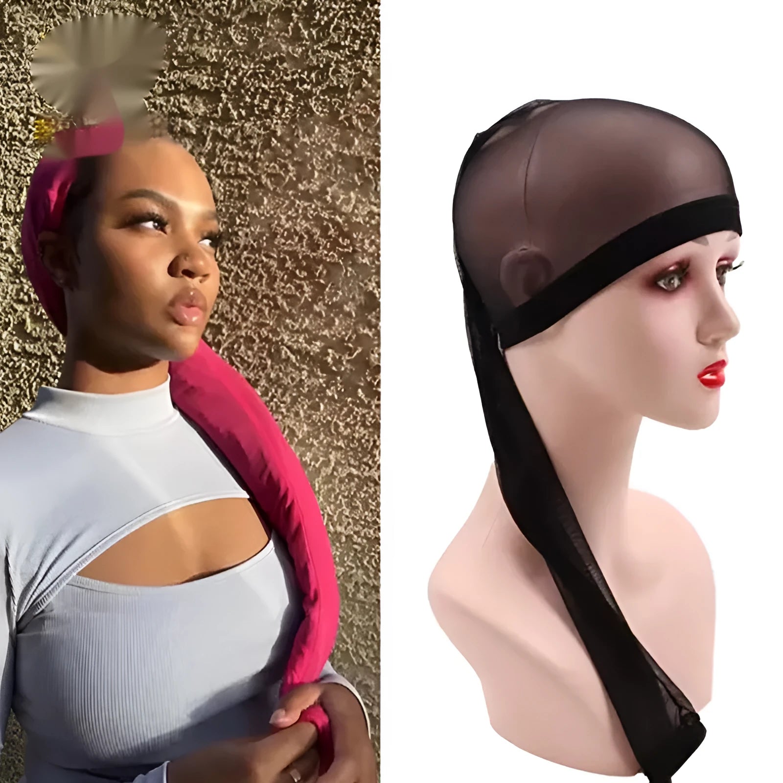 High elasticity spandex mesh wig cap shown in multiple colours including black, pink, and leopard.