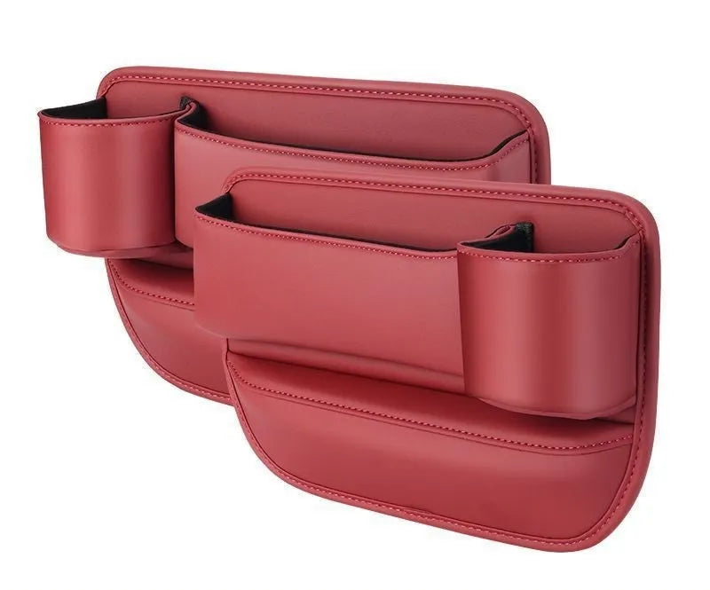 Leather car seat gap storage box with water cup holder in black