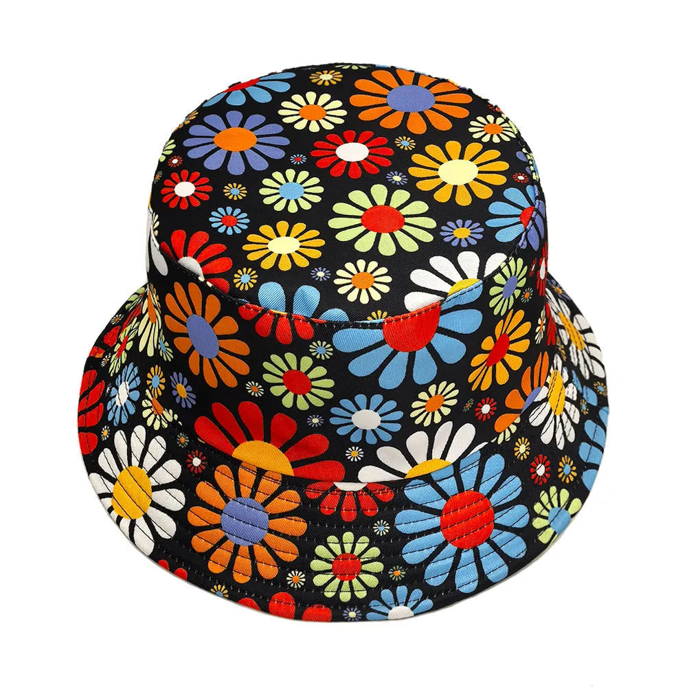Colourful flower print polyester bucket hat with dome crown for sun protection