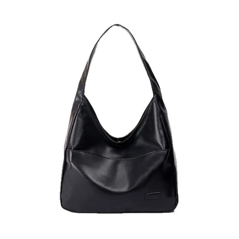 Women's soft black PU leather retro shoulder bag with open pocket and single strap