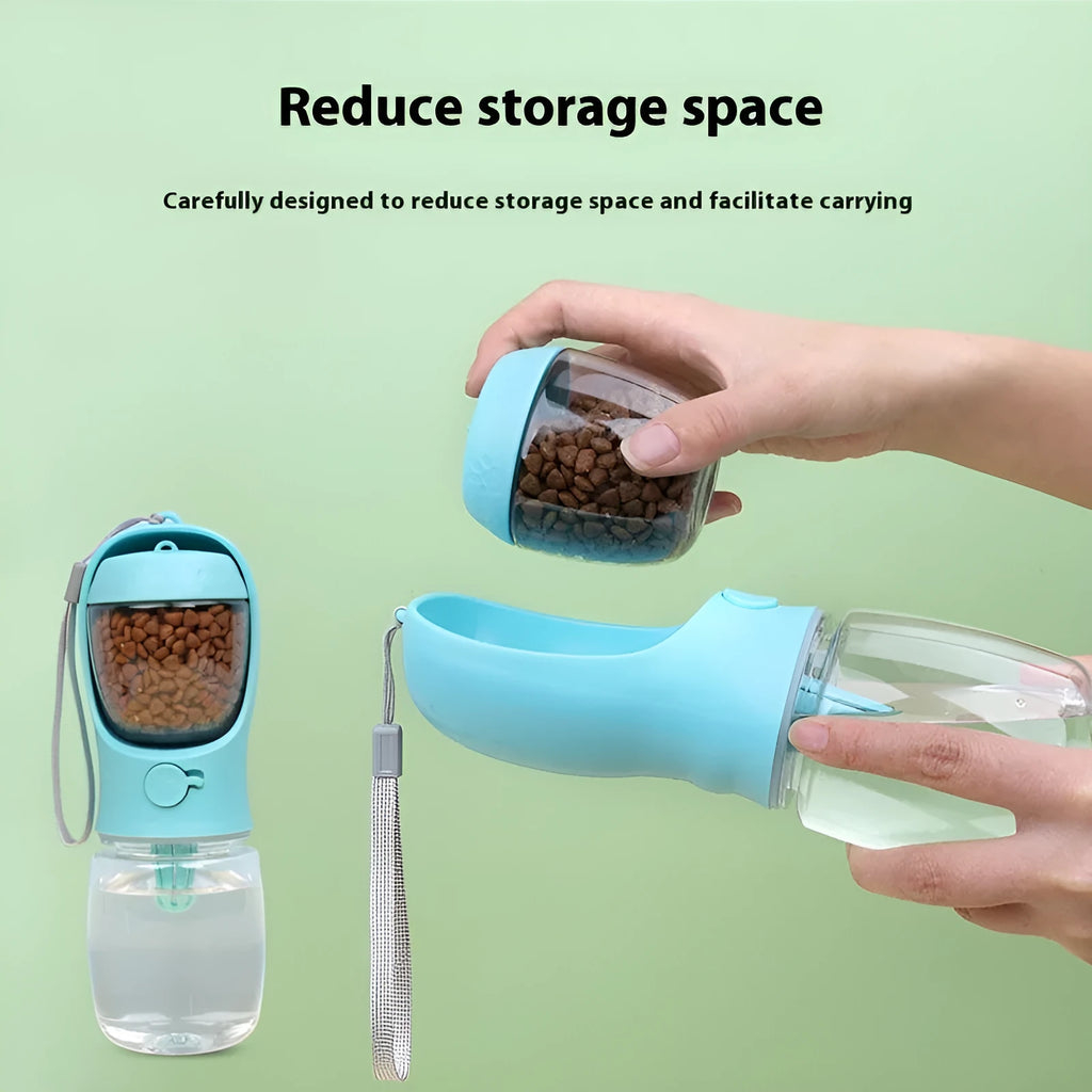 Blue portable dog water cup showing the two-in-one dispenser and bowl design for outdoor use.