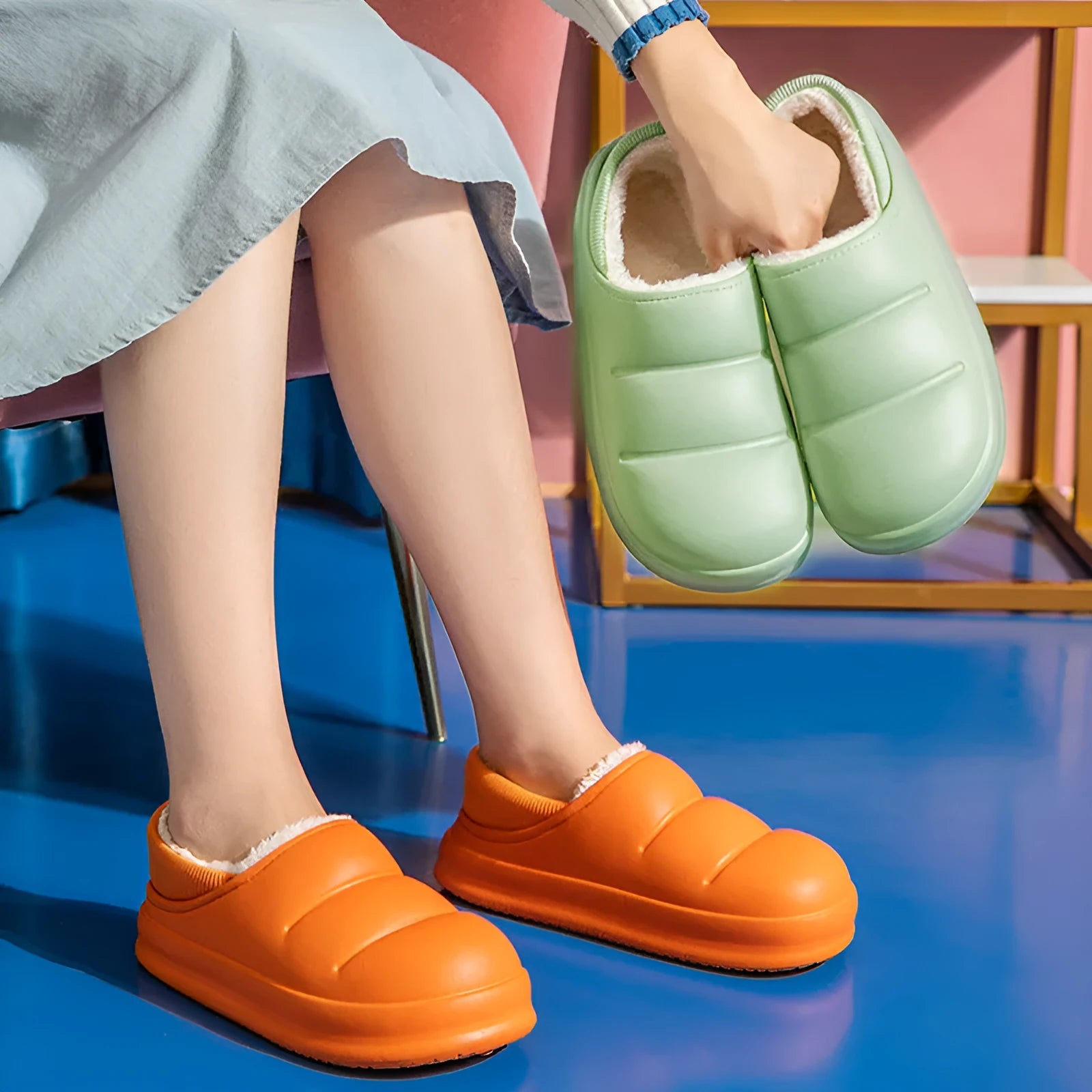 A pair of waterproof EVA couple slippers in various colours, showing plush lining and a non-slip sole.