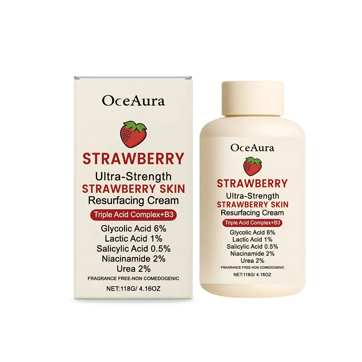 Strawberry skin rejuvenating cream jar with shampoo brush on side, set includes multi-acid formula with strawberry extract
