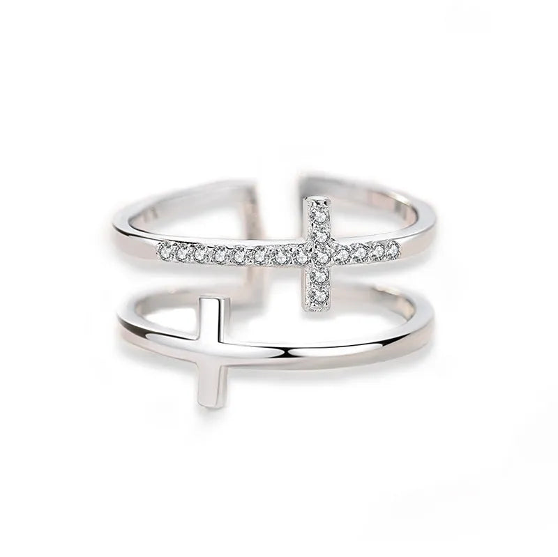 Double cross miniature copper ring with zircon inlay and adjustable open band, gold finish
