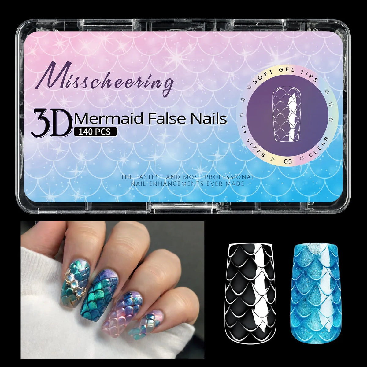 Pack of 3D scale texture long artificial nail tips with deep C-Cut, shown in Frigate Box colour options.