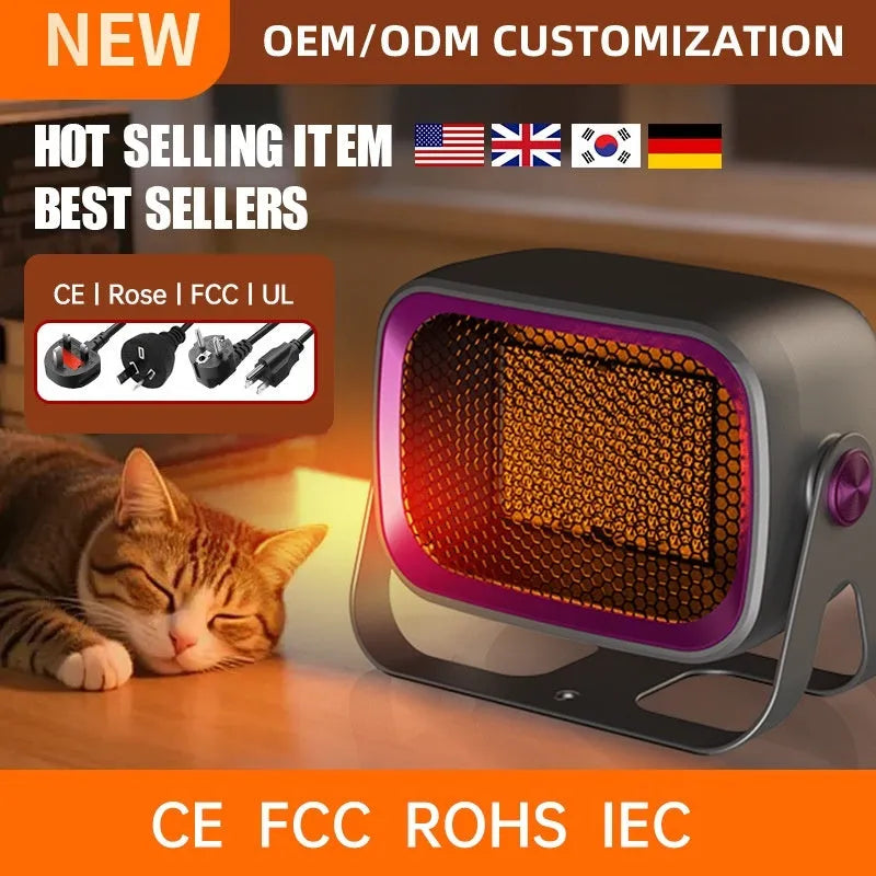 Grey compact desktop ceramic electric heater with rotatable body on a wooden desk.