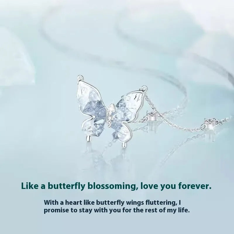 Bingyu Butterfly S925 silver clavicle chain with ice rain pendant on O-ring chain