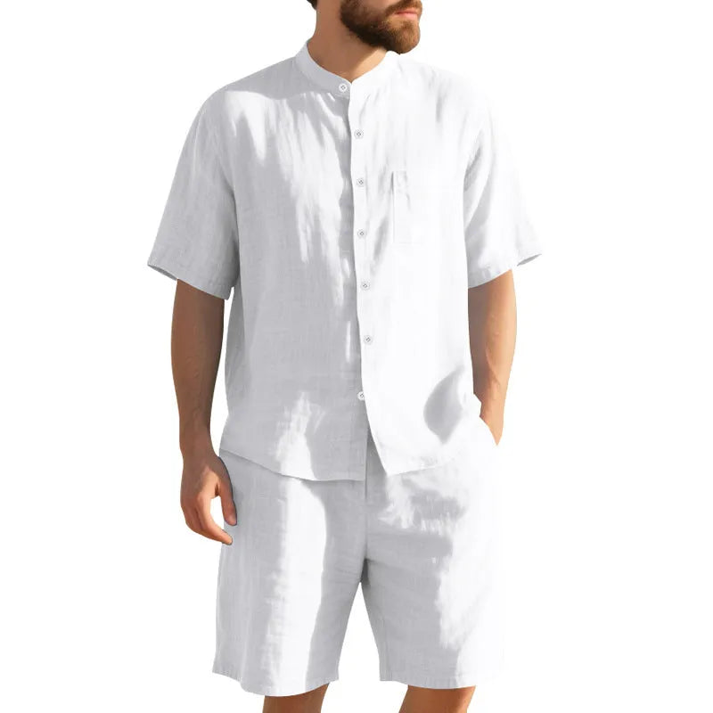 Men's light blue linen blend Henry collar shirt jacket and matching shorts summer suit set