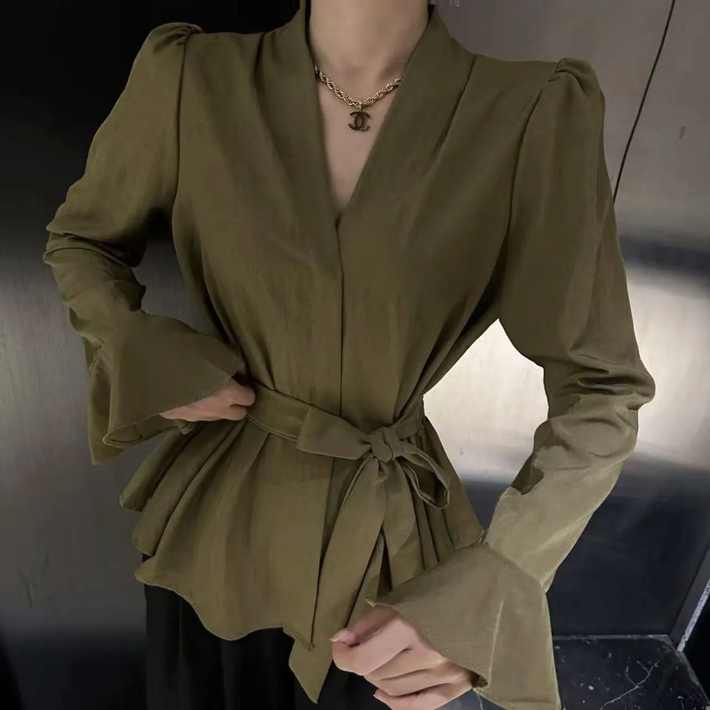 Women's French-style shirt with irregular collar and bell sleeves in various colours