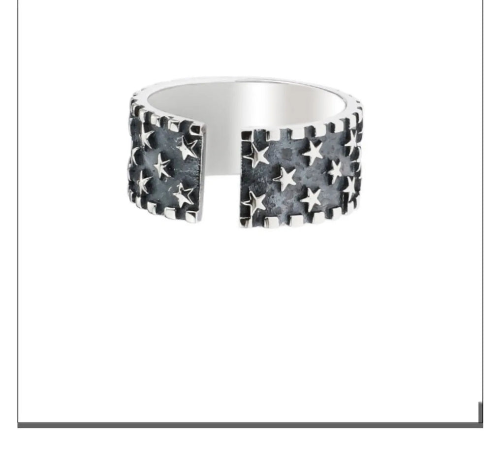 Adjustable opening silver ring with geometric multi five-pointed star design on 925 silver band