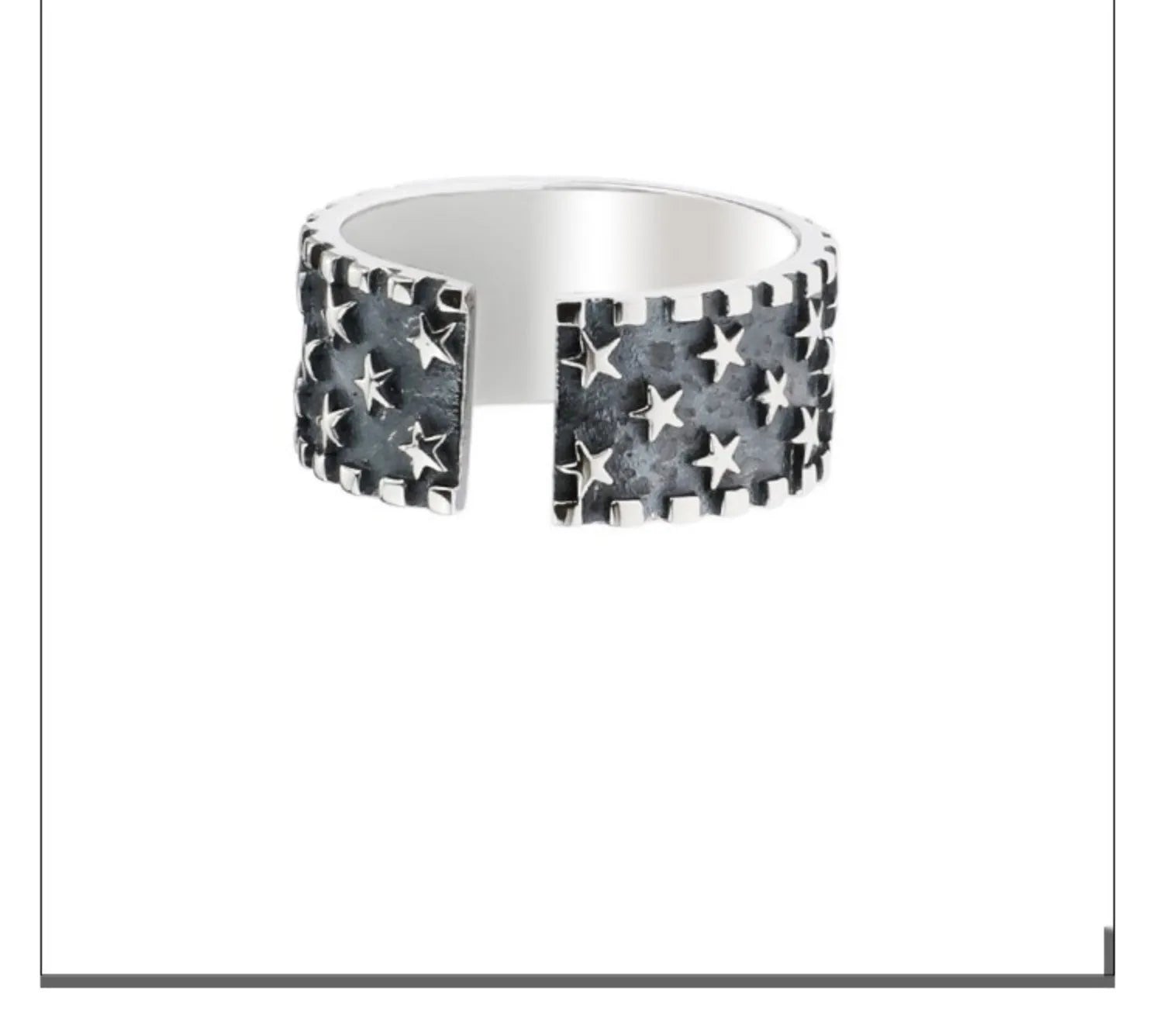 Adjustable opening silver ring with geometric multi five-pointed star design on 925 silver band