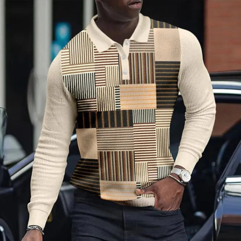 Men's grey striped long-sleeved top with 3D printed texture on mannequin