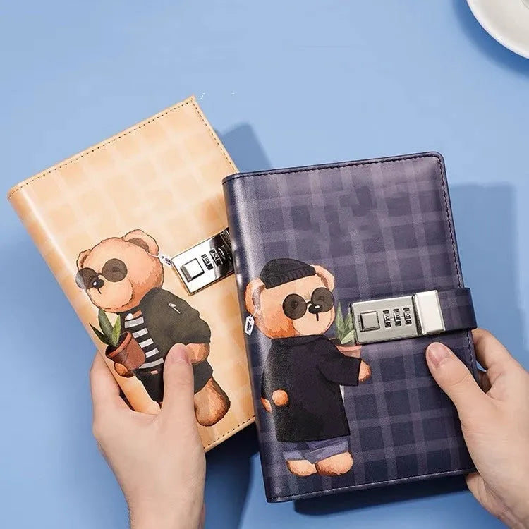 B6 lockable password book with hard PU cover retro print and lock open on wooden table