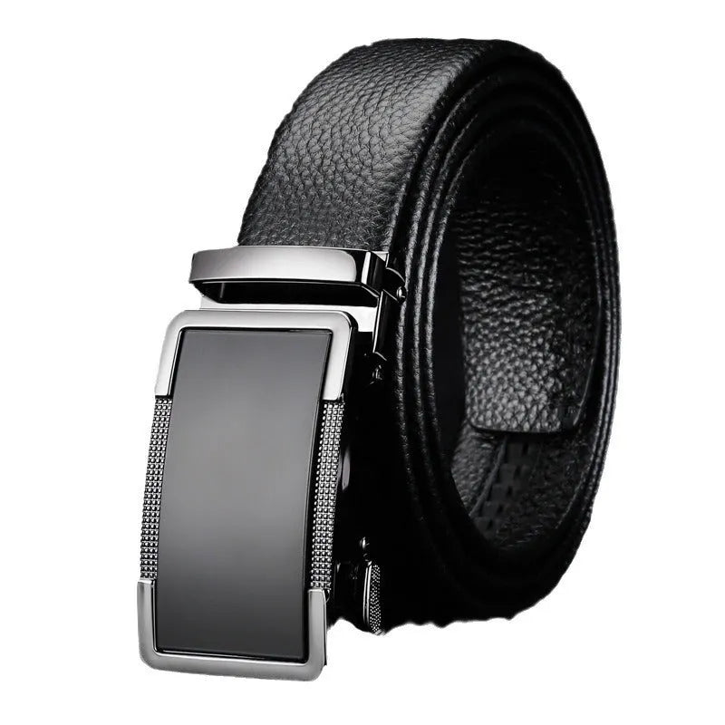 Men's gun black leather belt with a silver automatic alloy buckle, shown alongside silver and gold colour options.