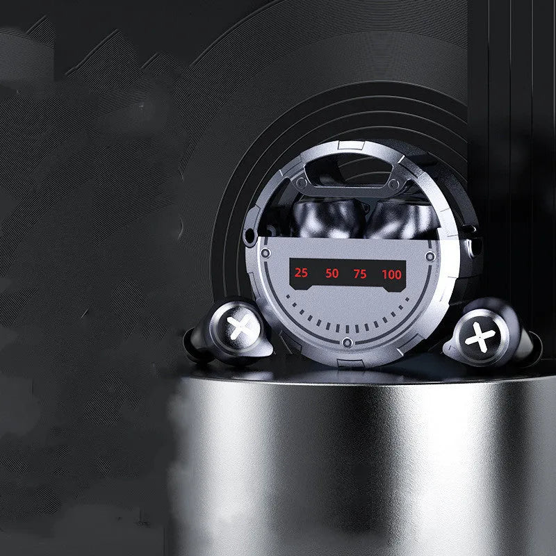 Red wireless Bluetooth in-ear earphones with a charging case on a table