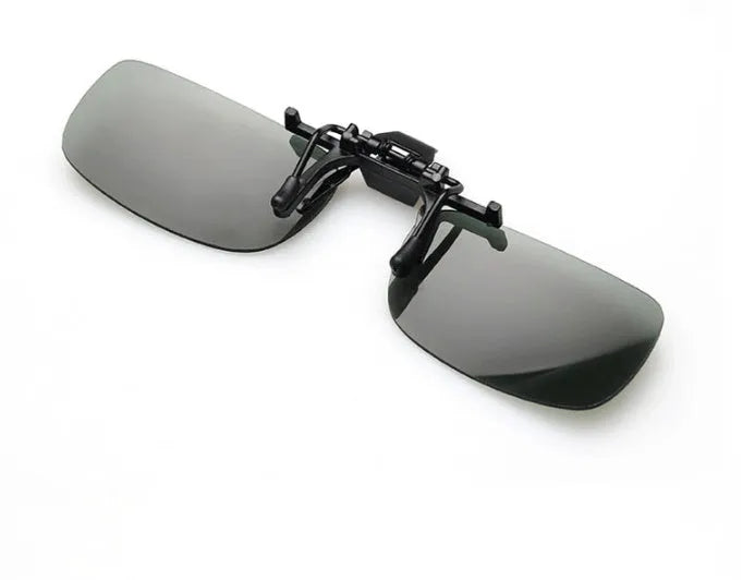 Clip-on driving sunglasses with night vision, dark green, and grey lens options in large and small PC frames.