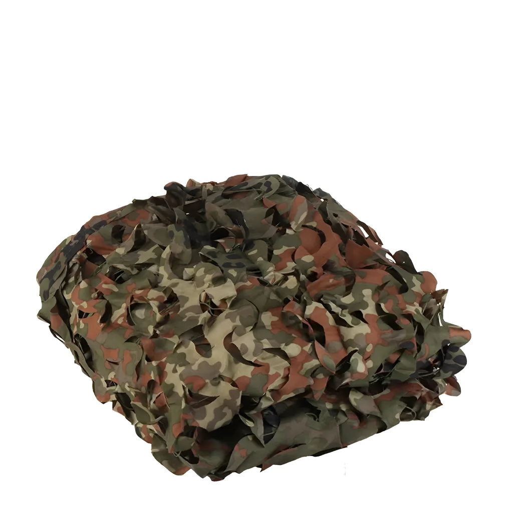 Green camp camouflage cover net showing UV protection and multiple camouflage pattern options
