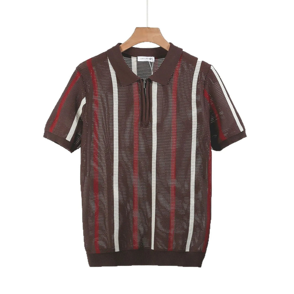 Men's short-sleeved ice silk polo shirt in loose fit with decorative zipper detail.