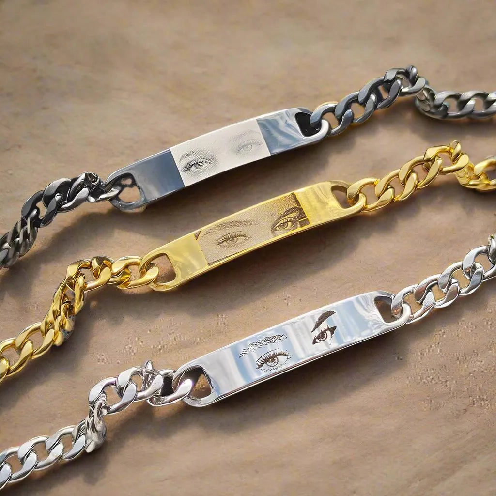 Personalised laser engraved human eye portrait on a stainless steel bracelet in a gold finish, geometric design