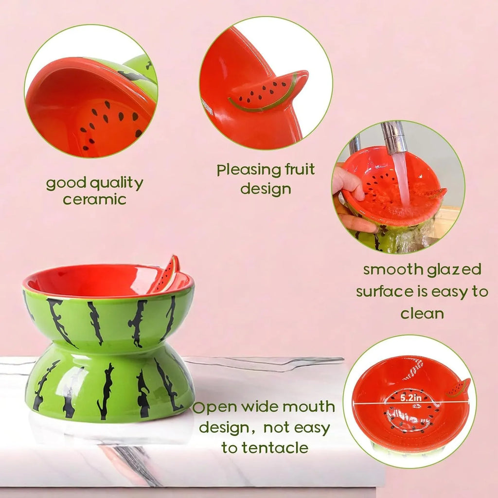 Ceramic raised cat bowl with elevated stand and wide tilted dish in fruit pattern.