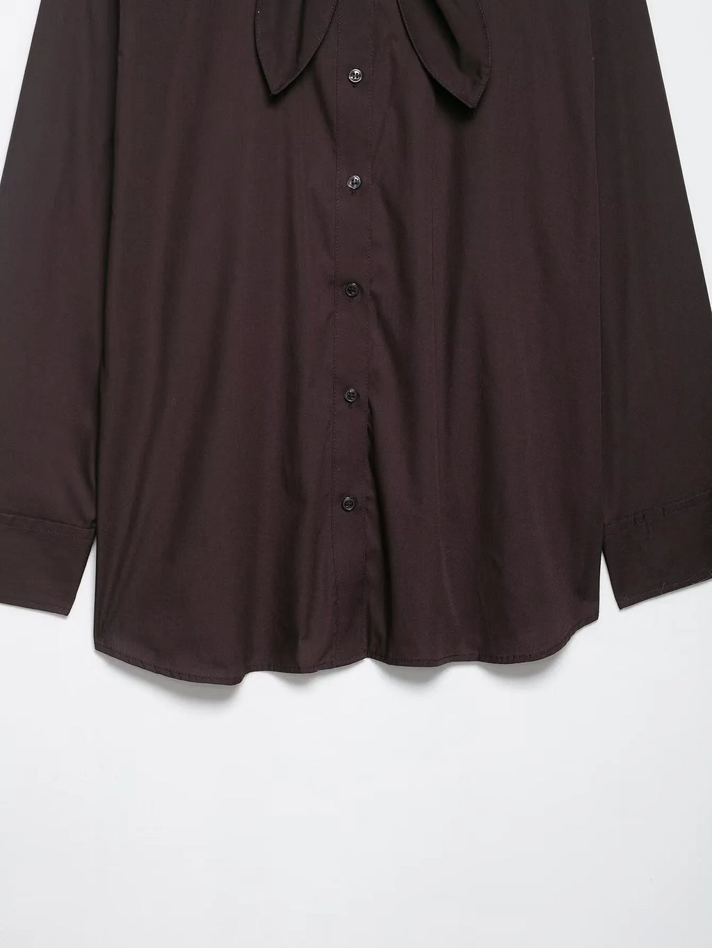 Brown women's poplin shirt with cardigan-style front and bow tie detail, long sleeves and loose fit