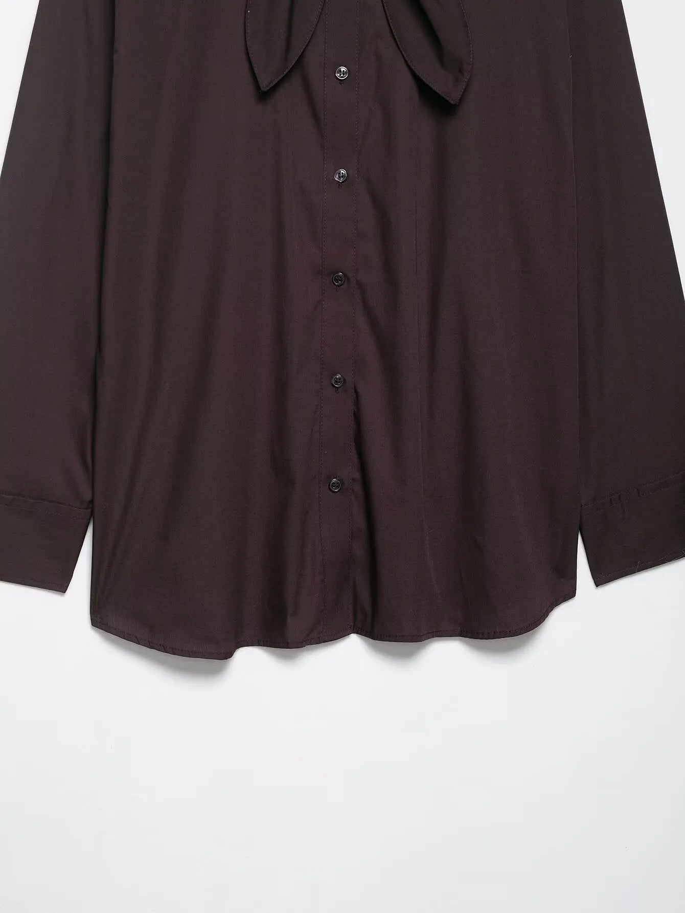 Brown women's poplin shirt with cardigan-style front and bow tie detail, long sleeves and loose fit