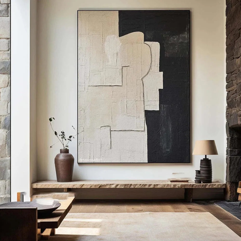Handmade oil painting modern abstract black white texture minimalist canvas wall art rolled frameless