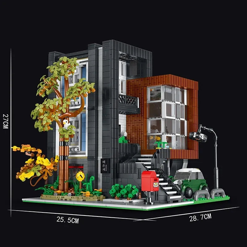 Plastic building block set for constructing a modern villa model with small particle parts