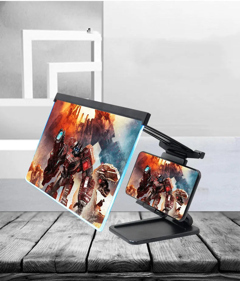 Black 12 inch mobile phone screen amplifier with detachable phone holder on desktop