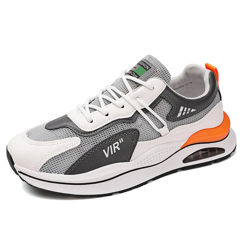 Men's grey breathable mesh running shoes with a round toe and lightweight EVA sole.