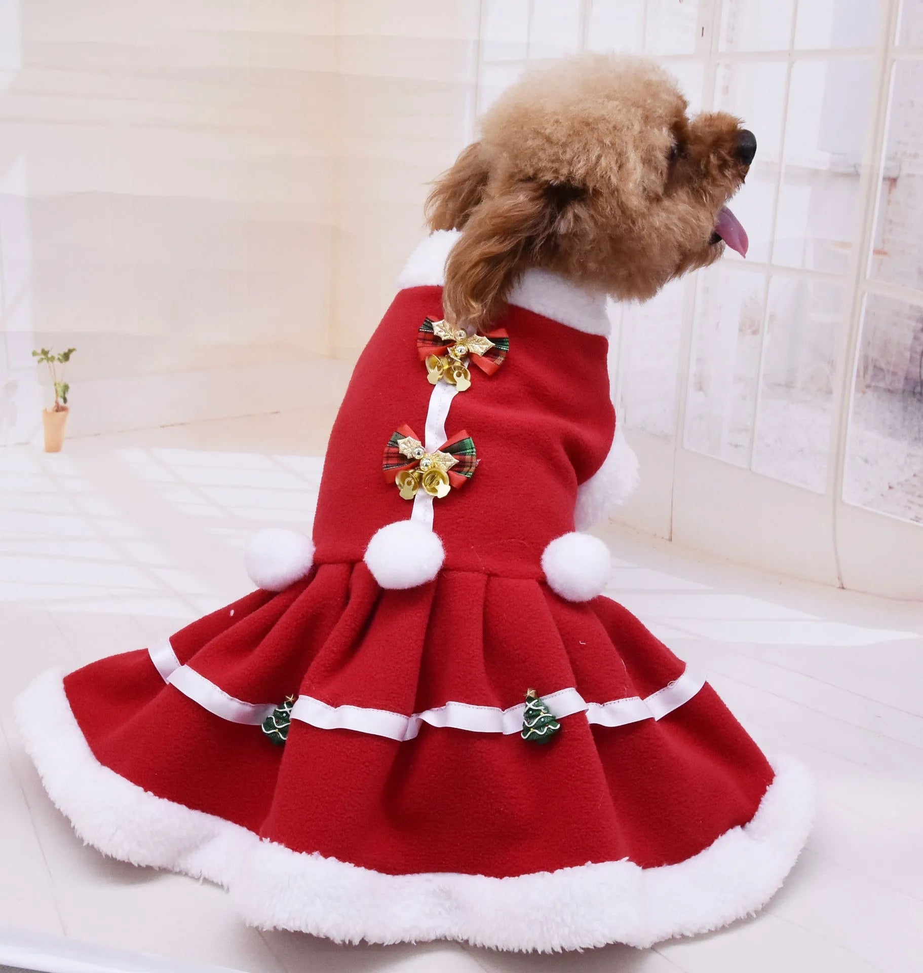 Red fleece dog dress with skirt design for small dogs, shown on a pet model