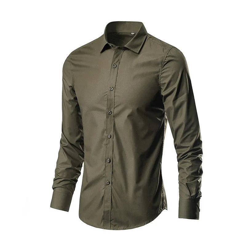 Men's loose long-sleeve linen shirt on a hanger, shown in a navy blue colour.