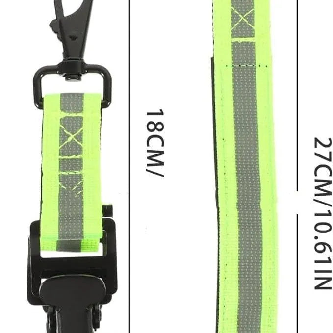 Fluorescent green metal safety clip with buckle for fireman gloves on a reflective nylon lining.