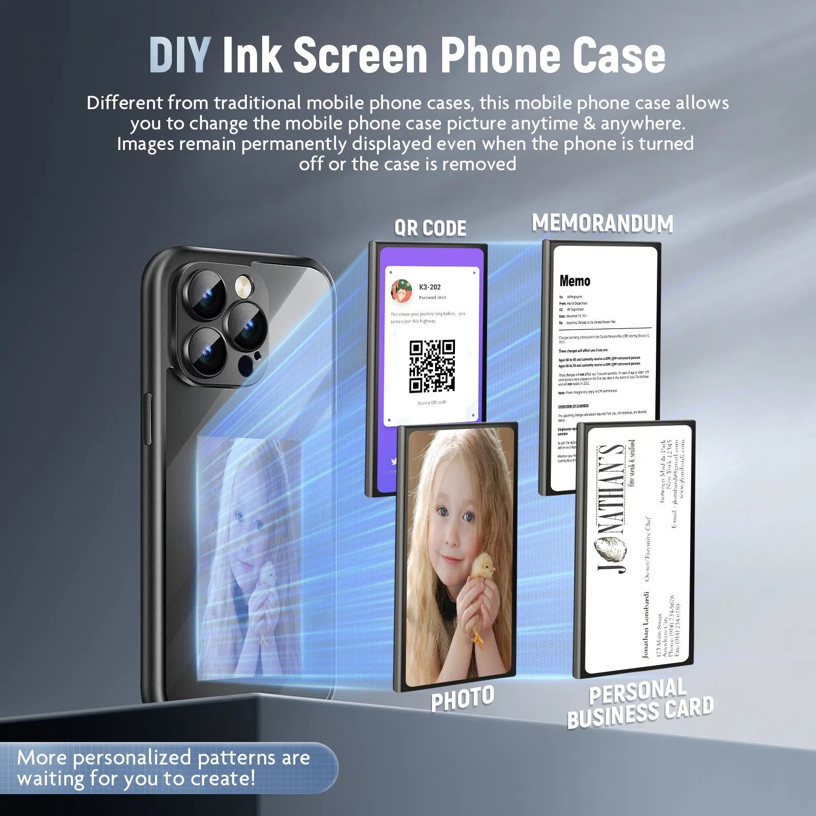Black and purple iPhone 15 Pro NFC ink screen flip phone case with customisable display